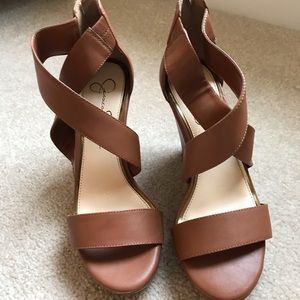 Jessica Simpson Tan Criss-Cross Wedge Heels